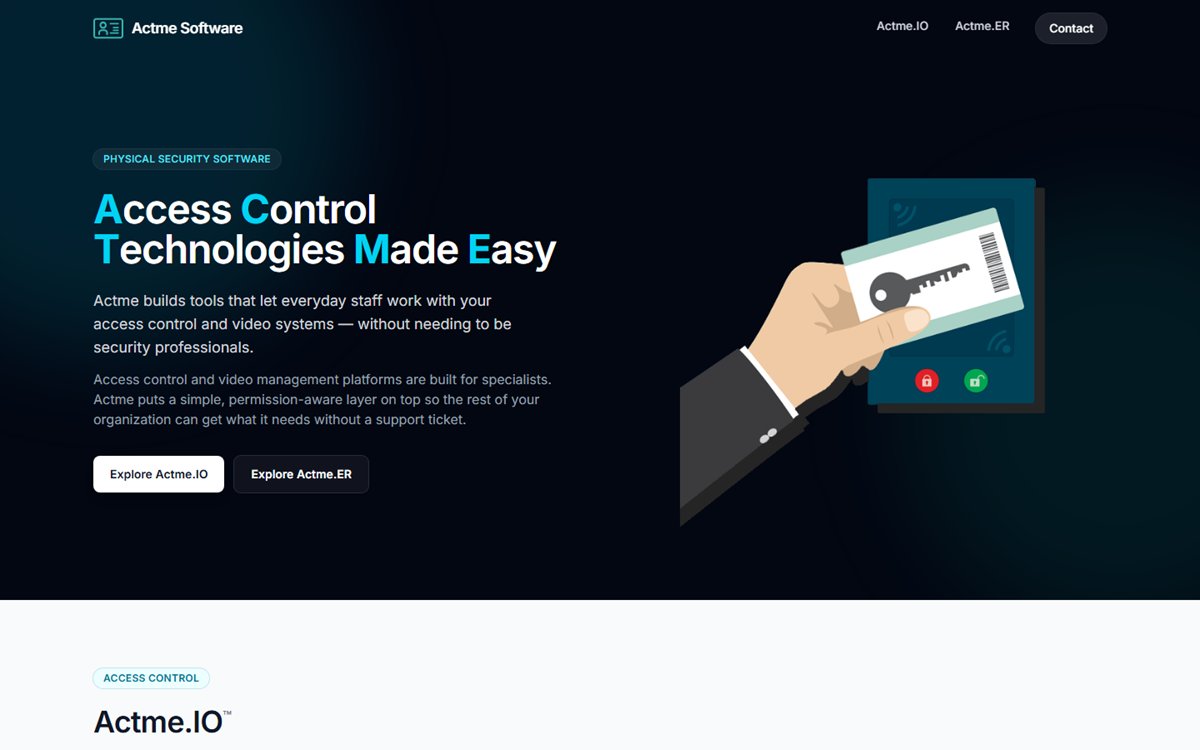 The Actme Software homepage: the headline Access Control Technologies Made Easy beside an illustration of a hand holding a key card up to a reader.