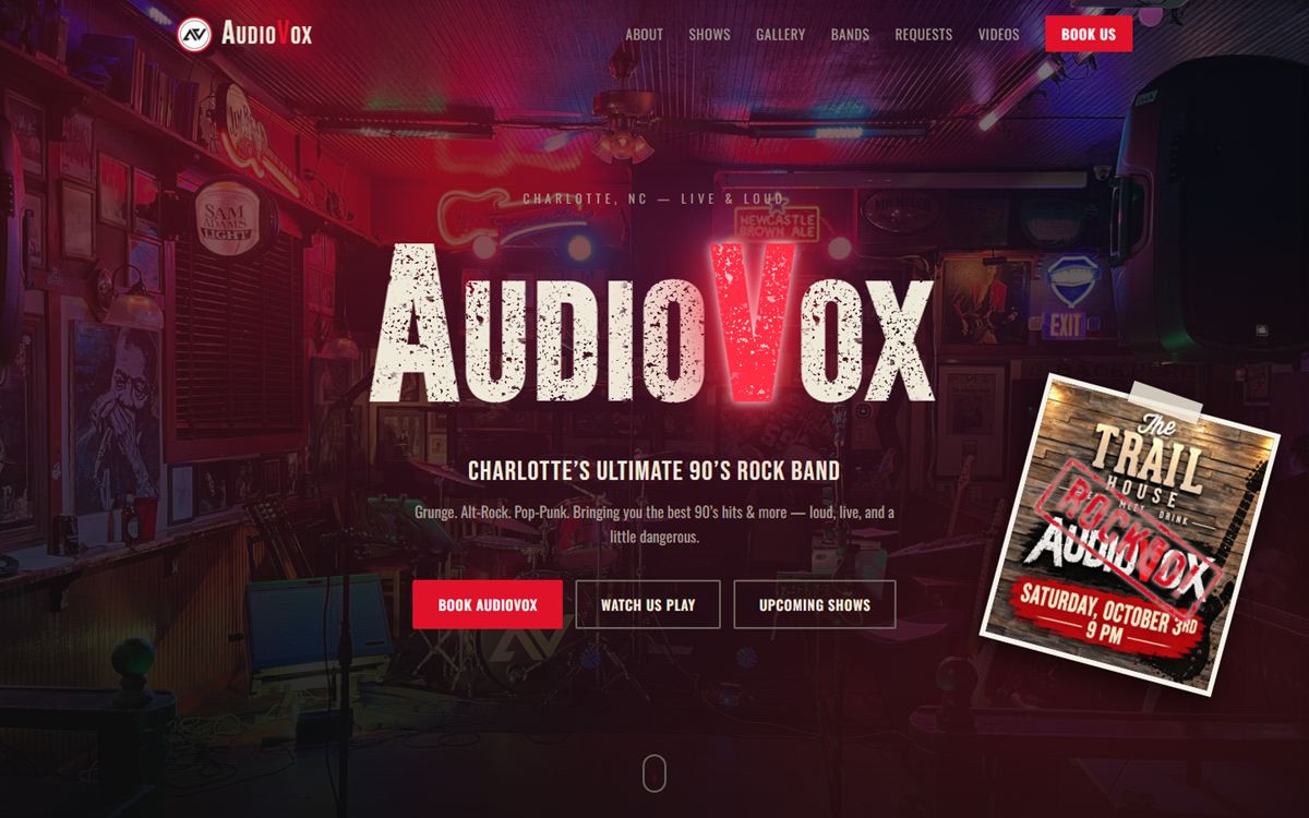 The AudioVox homepage: the band's logo over a dim, neon-lit bar stage, with buttons to book the band, watch them play, and see upcoming shows.